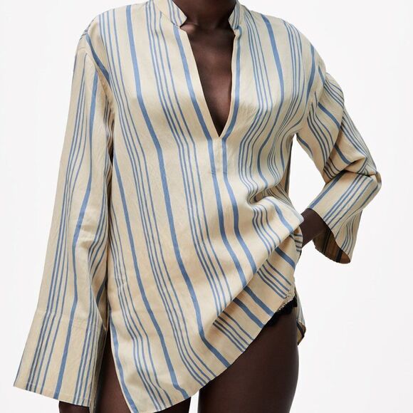 ZARA Striped Flowy Shirt Blouse Viscose - Picture 3 of 7